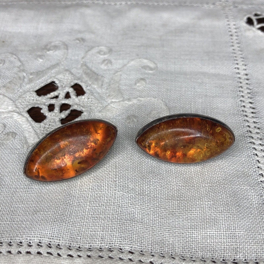 Vtg STERLING SILVER 925 Mexico Amber Oval Cabochon‎ Earrings Pierced Stud Chunky